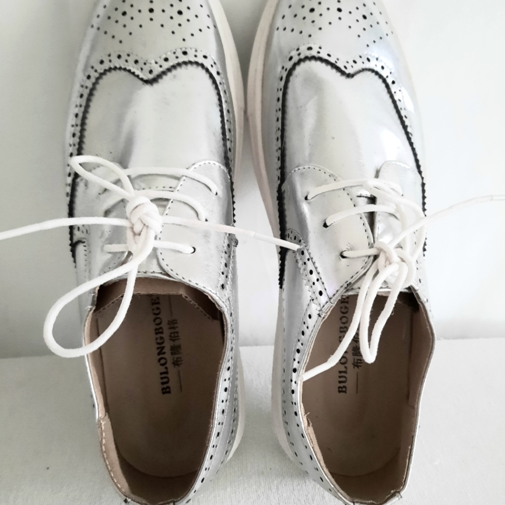 Womens Bulongboge 9M Wing Tip Shoes Metallic Silver Men Shoe Accessories - Picture 3 of 6
